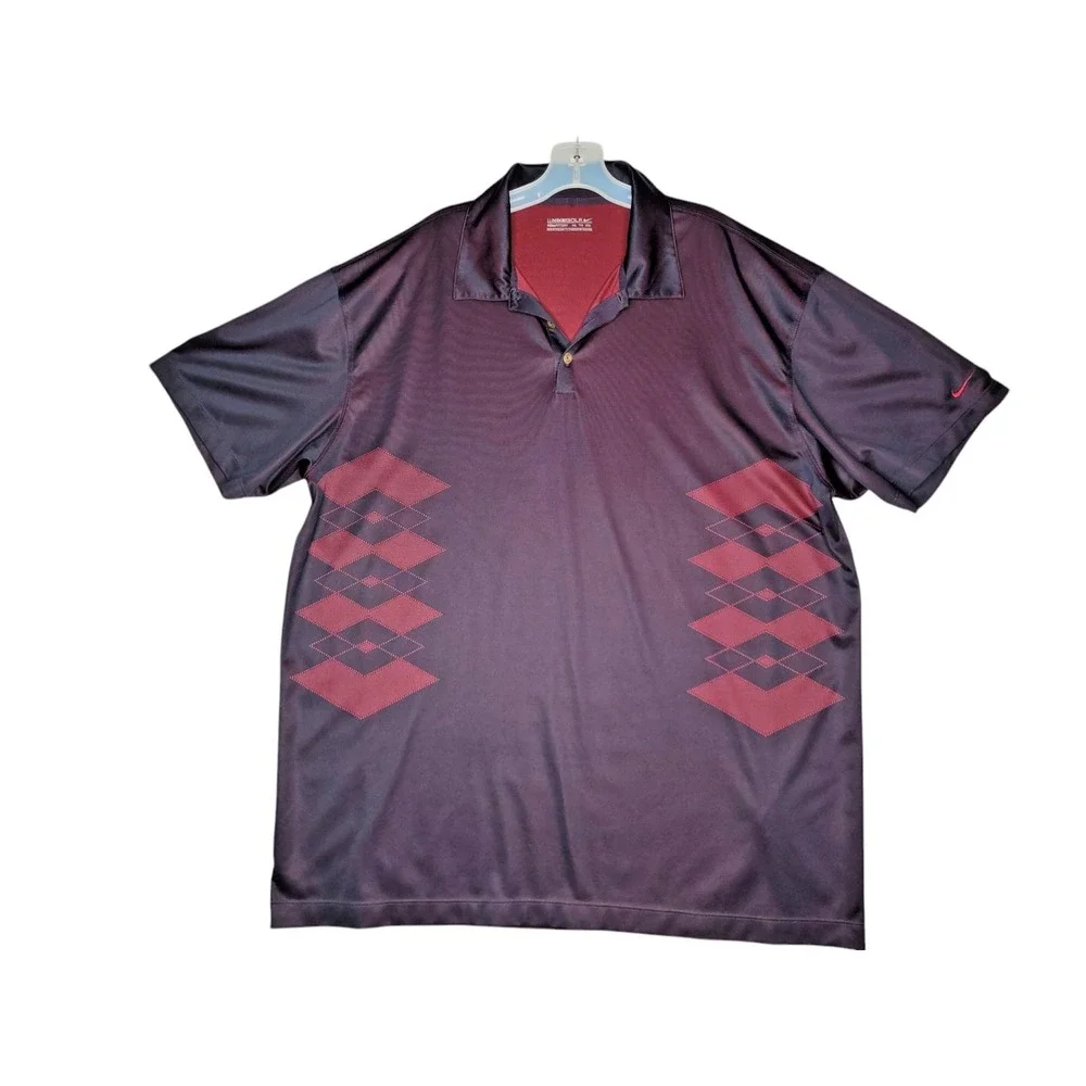 Nike Golf Polo Shirt Mens XXL Geometric Pattern Black / Burgundy Active Dri-Fit